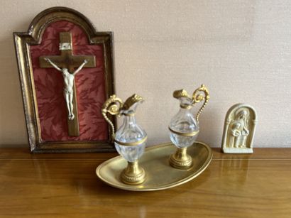 
Pair of crystal cruets, the mounts in gilded...