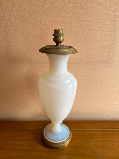 A white opaline baluster lamp base, the neck...