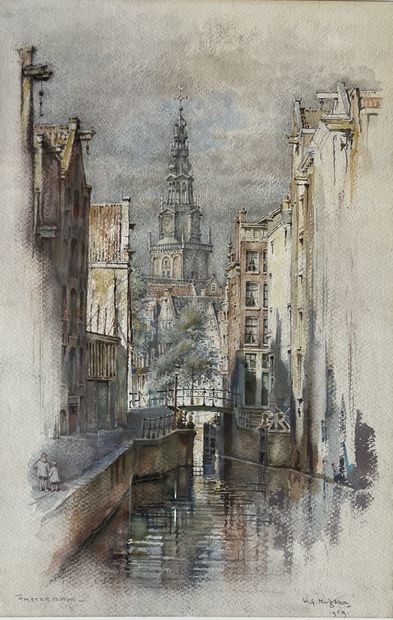 W.G. HOZKER: VIEW OF AMSTERDAM. Watercolor,...
