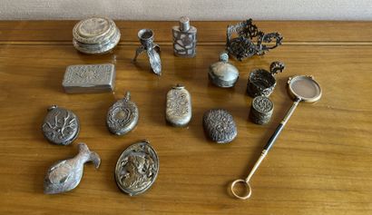 Metal set: a match case; three bag mirrors,...