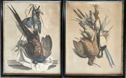 
Set of five framed pieces: a print of engraving...