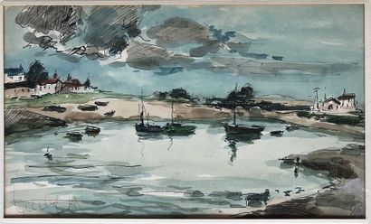 Fernand HERBO (1905-1995): PORT BRETON. Watercolor,...