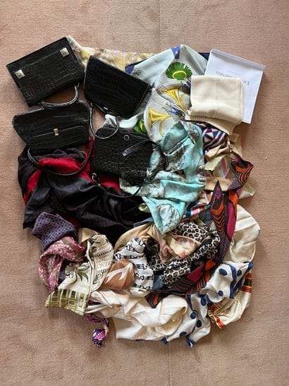 Set of silk scarves, stoles, leather bag...