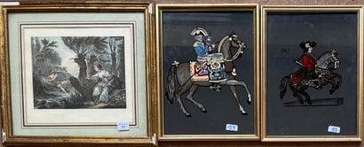 
Set of five framed pieces: a print of engraving...