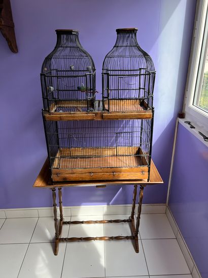 Cage à oiseaux en bois naturel et fils de...