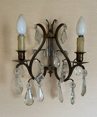 Pair of gilt metal cage sconces with patina,...