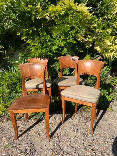 Suite of four chairs in fruitwood and exotic...