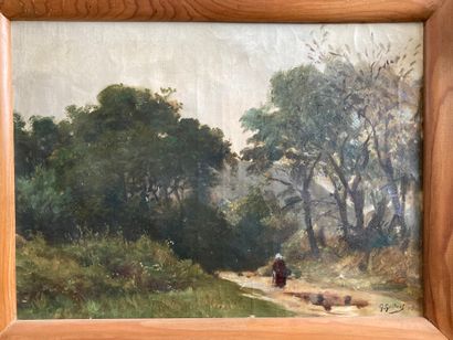G. GILBERT: PEASANT WOMAN ON A ROAD. Oil...
