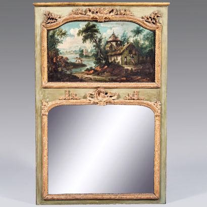 Trumeau in green and patinated wood, the...