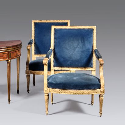 Pair of armchairs in cream lacquered wood....