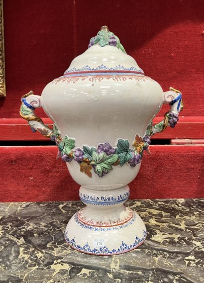 Large covered earthenware pot, baluster shape...