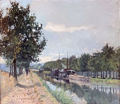 Edmond PETITJEAN (1844-1925) : PENICHE REMORQUANT...