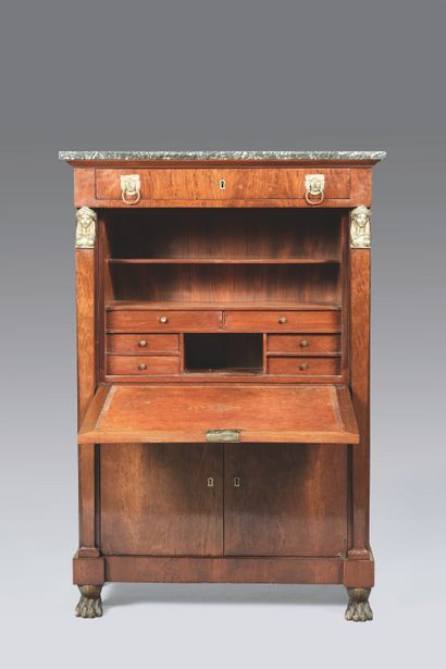 Mahogany and mahogany veneer secretary. Opens...