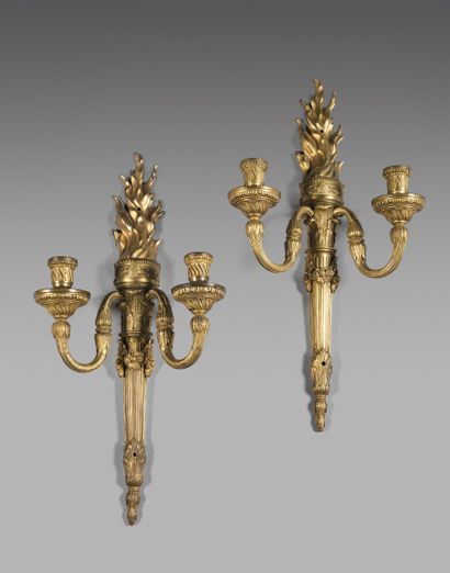 Pair of important ormolu sconces, the fluted...