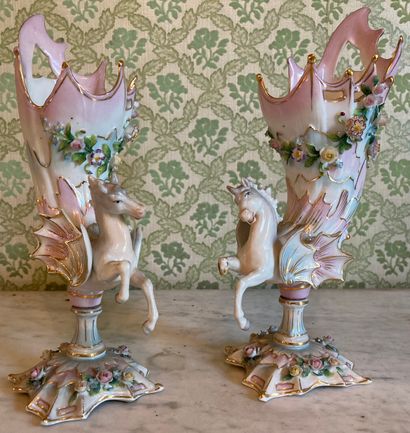 Pair of porcelain flowerpots with polychrome...