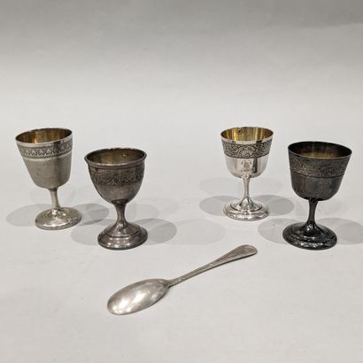 Set of four silver egg cups (925): two engraved...