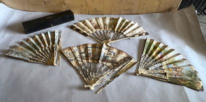 Four fans, the mounts in ivory or bone with...