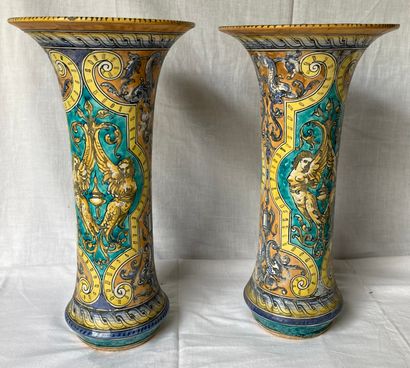 Pair of earthenware horn vases decorated...