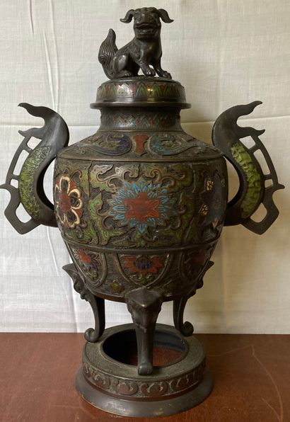 A tripod bronze perfume burner with cloisonné...