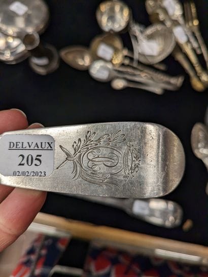 Stew spoon in silver, uni-flat model. Engraved...