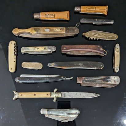 Set of knives, opinels and razors. The handles...