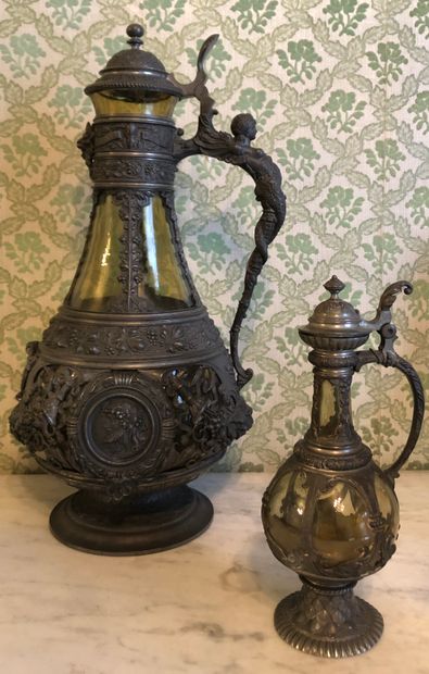 Large ewer out of smoked glass, the pewter...