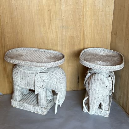 Pair of white lacquered woven rattan sofa...