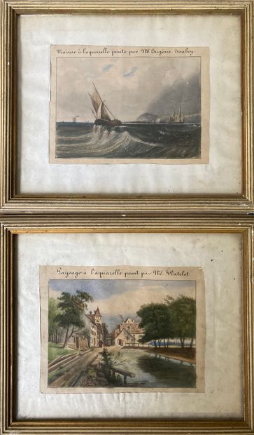 Pair of gouache and watercolor prints, captioned...