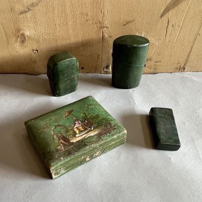 Three green shagreen cases. A small wooden...