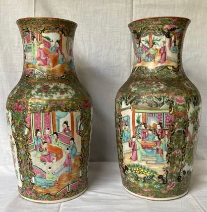 Two baluster vases in Canton porcelain decorated...