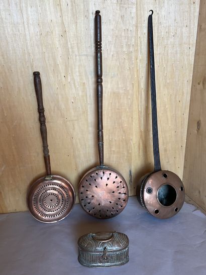 Set of three red copper basins, one with...