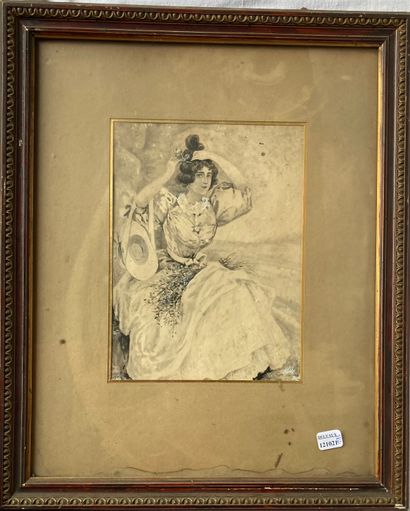 F. CHAMOUIN: YOUNG WOMAN PRICKING FLOWERS...
