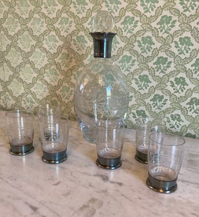 Crystal liquor service with stylized engraved...