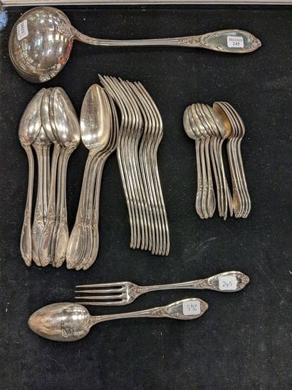 Part of a silver plated cutlery set, decorated...