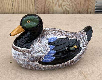 Tureen and its ladle with sauce in polychrome...