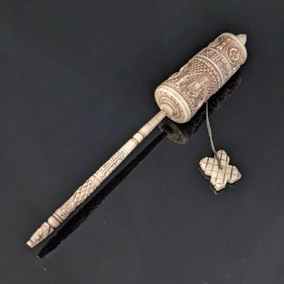 Tibetan prayer wheel in carved bone, with...