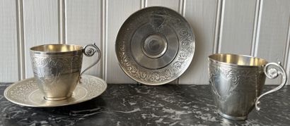 Pair of silver cups and their saucer (925),...