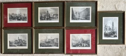 Set of nine lithographs in black Views of...