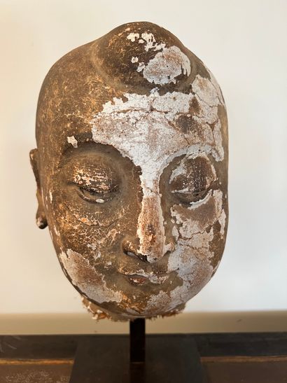 Head of Buddha in wood and stucco with golden...