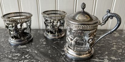 Silver tableware (950), decorated with torchbearers...