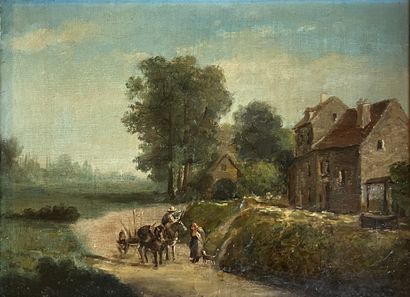 J. BOLEY: CART HITCHED IN FRONT OF A THATCHED...