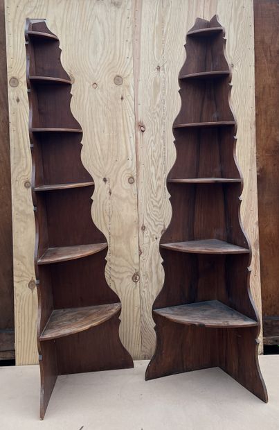 Pair of corner shelves in fruitwood, with...