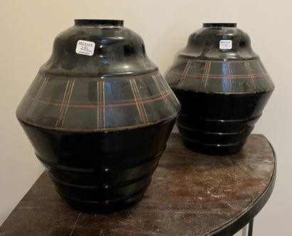 Pair of black glass truncated cone-shaped...