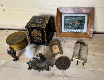 Trinkets : - an ormolu inkwell with cloisonné...