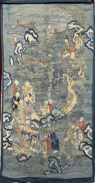 Large Far Eastern embroidery on turquoise...