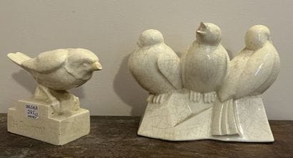 Group of three sparrows in beige glazed earthenware....