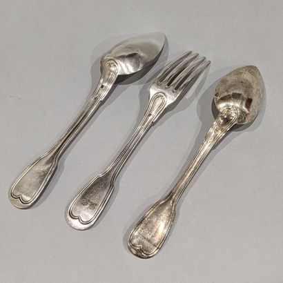 A fork and two table spoons in silver (925),...