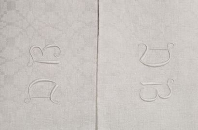 [Set of three white damask cotton tablecloths...