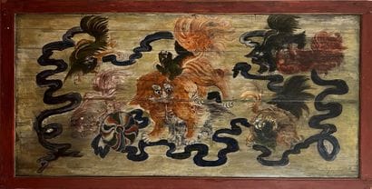 Large painted panel about a chimera playing...