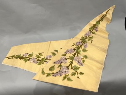Two triangular panels of silk and gauze embroidered...